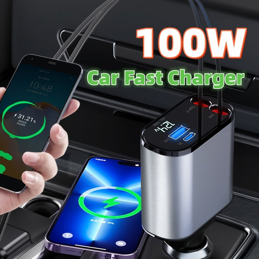 Chargeur Voiture Métal 100W – Charge Ultra-Rapide USB & Type-C pour Allume-Cigare