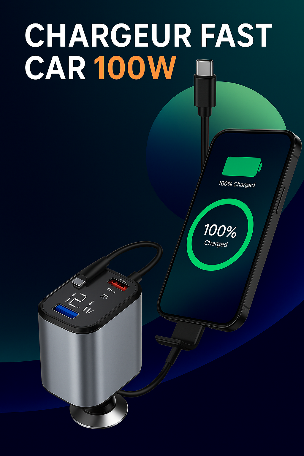 Chargeur Voiture Métal 100W – Charge Ultra-Rapide USB & Type-C pour Allume-Cigare