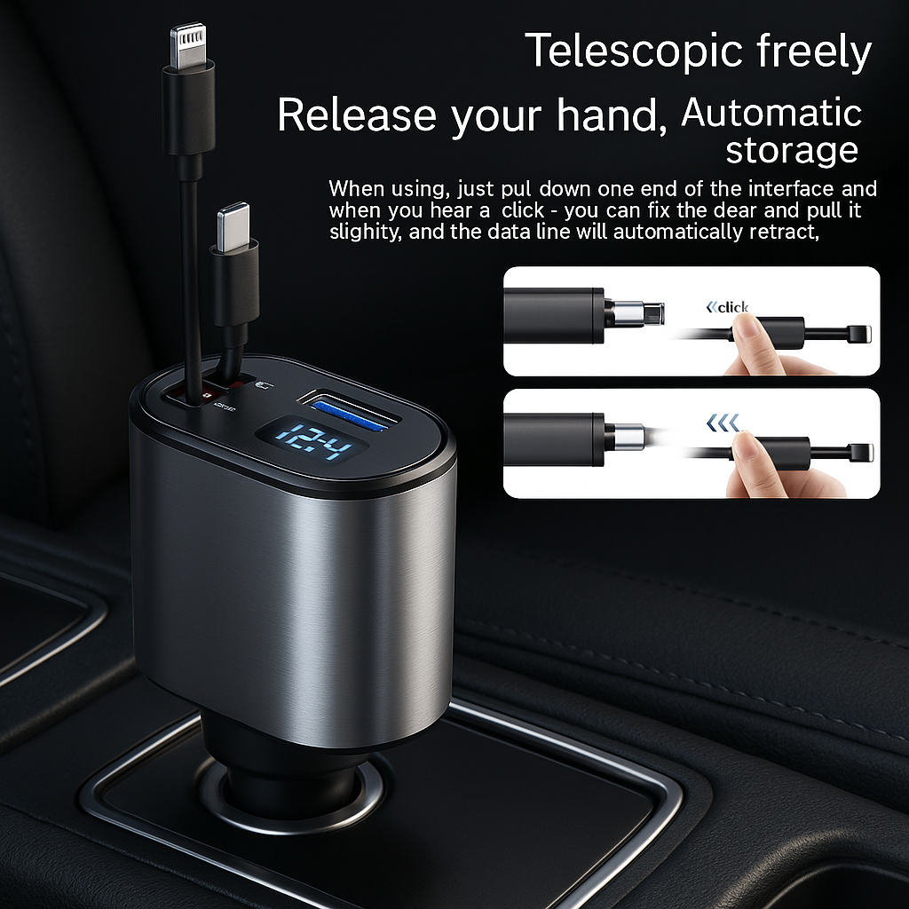 Chargeur Voiture Métal 100W – Charge Ultra-Rapide USB & Type-C pour Allume-Cigare