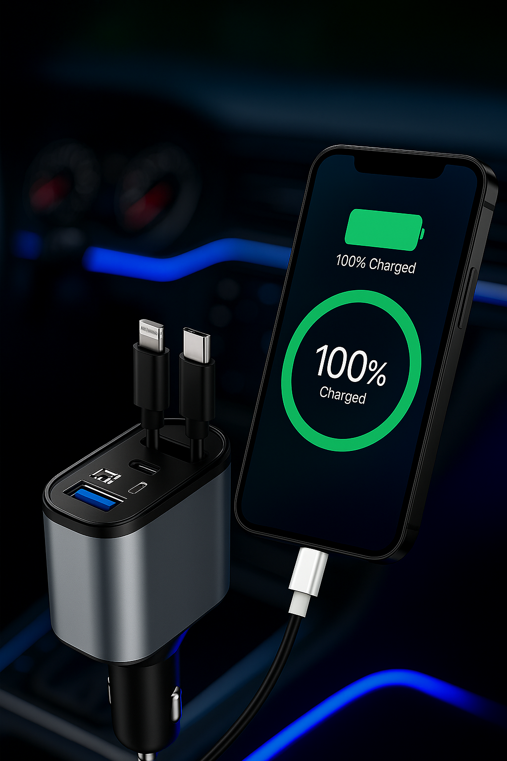 Chargeur Voiture Métal 100W – Charge Ultra-Rapide USB & Type-C pour Allume-Cigare