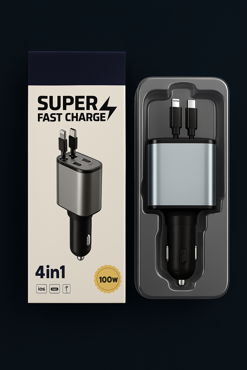 Chargeur Voiture Métal 100W – Charge Ultra-Rapide USB & Type-C pour Allume-Cigare